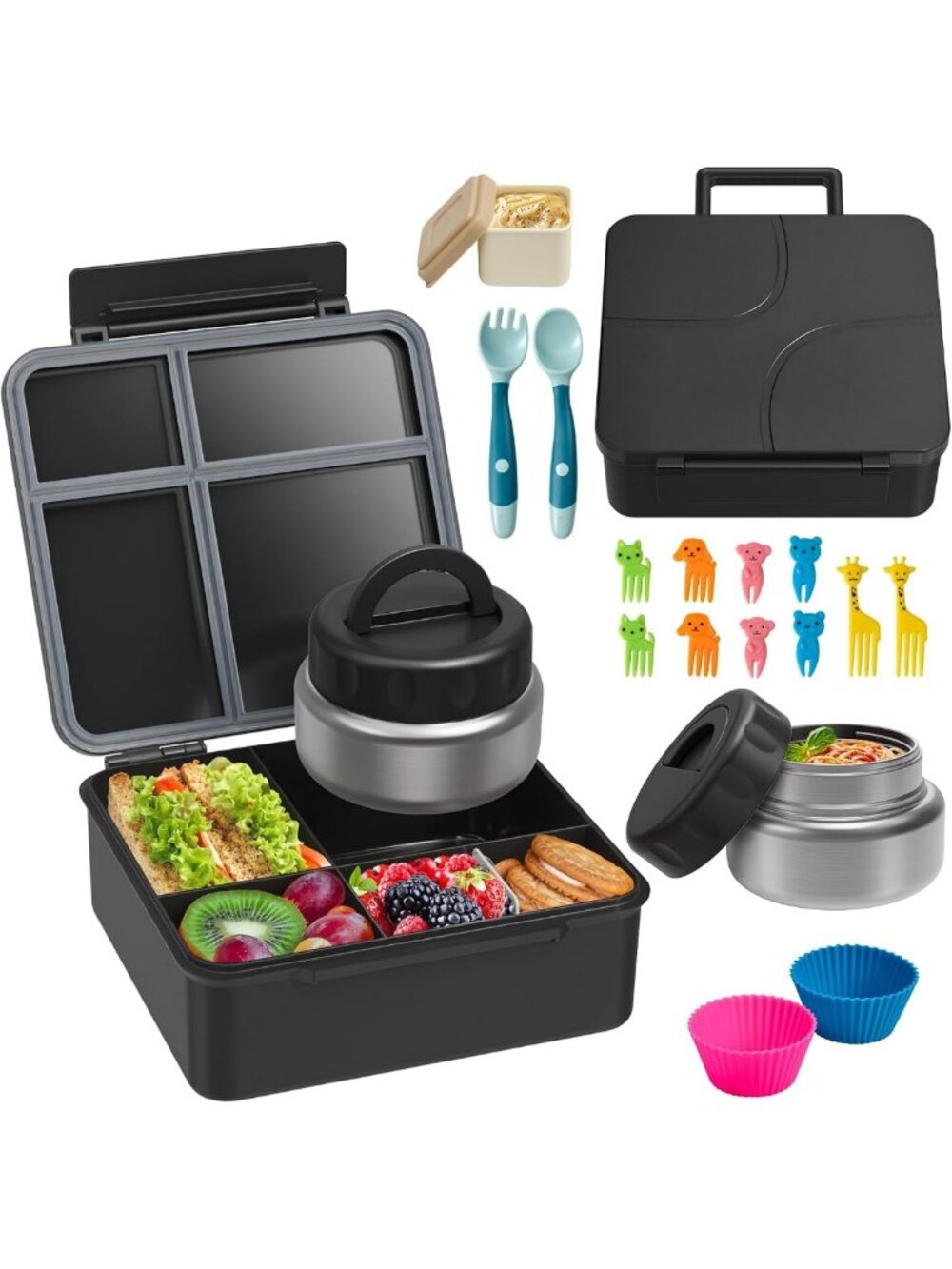 Leakproof Bento Lunch Box with Soup Thermos, 4 Compartments, Insulated for Kids